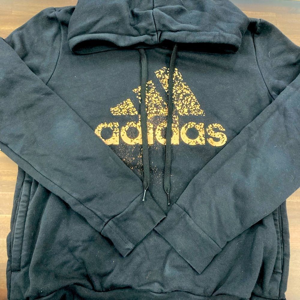 Adidas Black Hoodie with Gold Lettering. Size Large.